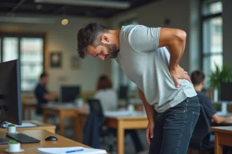 Homme tenant son bas du dos côté droit à son bureau, exprimant une douleur lombaire lors d'une mauvaise posture au travail