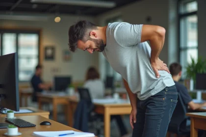 Homme tenant son bas du dos côté droit à son bureau, exprimant une douleur lombaire lors d'une mauvaise posture au travail