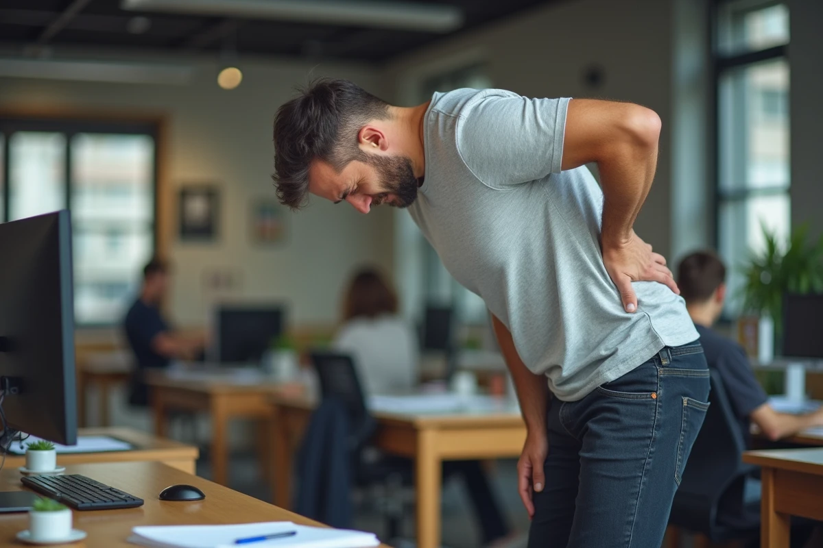 Homme tenant son bas du dos côté droit à son bureau, exprimant une douleur lombaire lors d'une mauvaise posture au travail