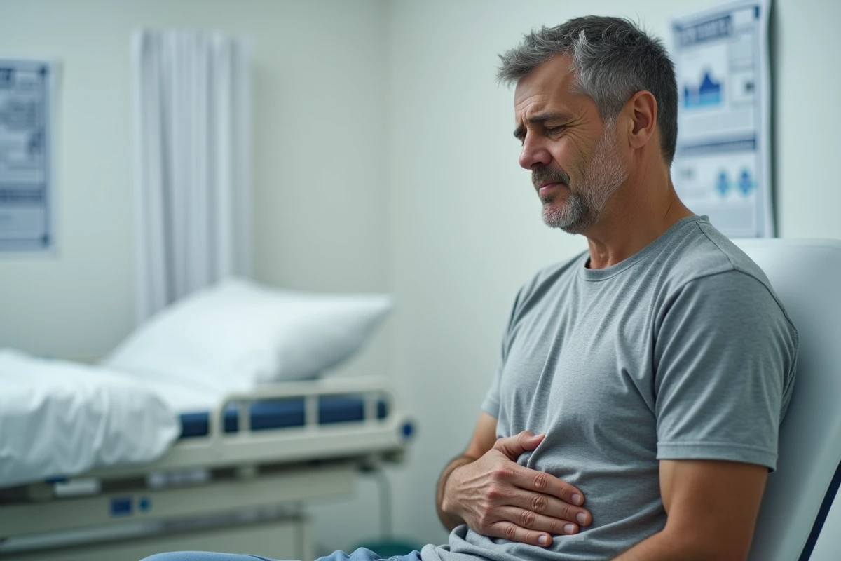 Homme adulte tenant son abdomen supérieur, illustrant la localisation de la douleur pancréatique dans un cabinet médical