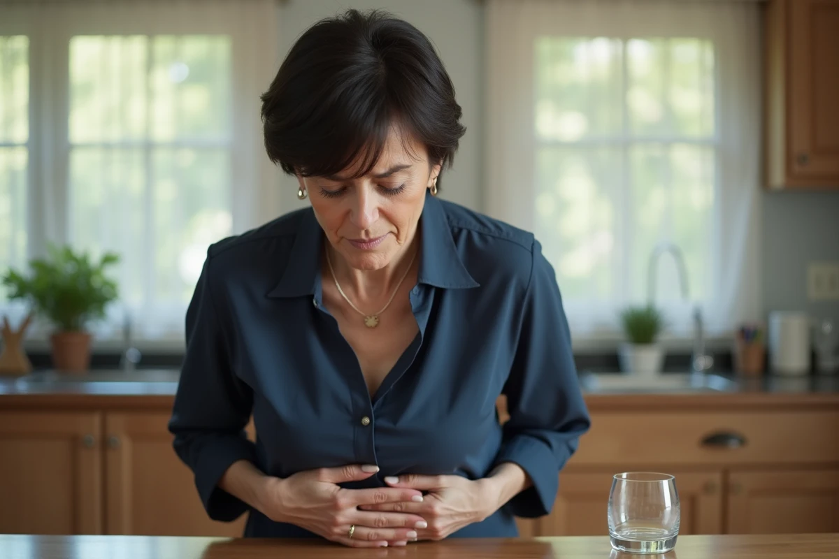 Femme adulte assise dans une cuisine tenant son abdomen supérieur gauche, signe de douleur au niveau du pancréas