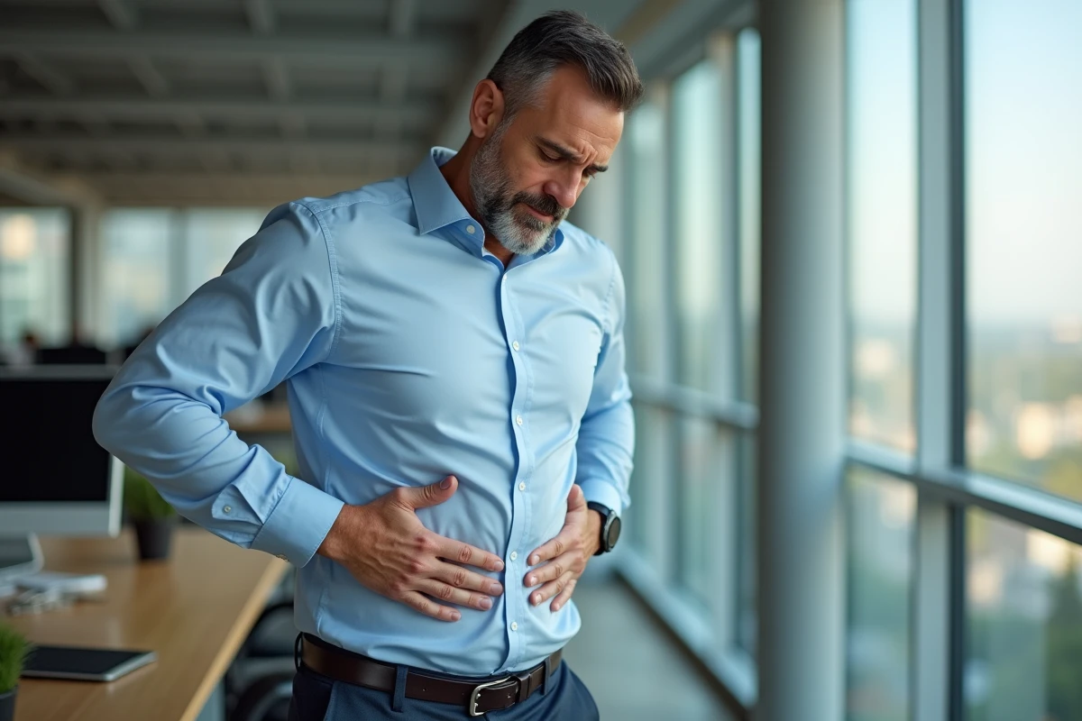 Homme en tenue de bureau se tenant l'abdomen supérieur, illustrant une douleur pancréatique ressentie au quotidien
