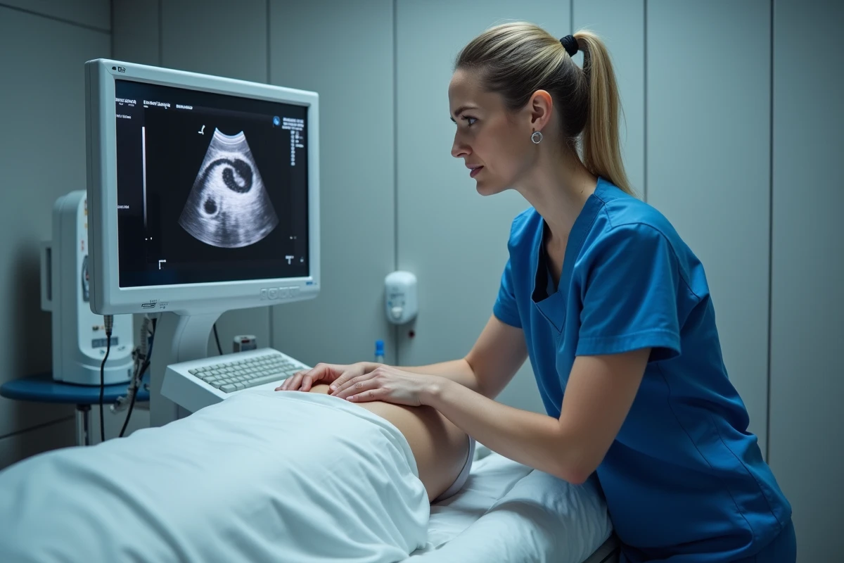 Technicienne réalisant une échographie de l'aine pour diagnostiquer une masse inguinale