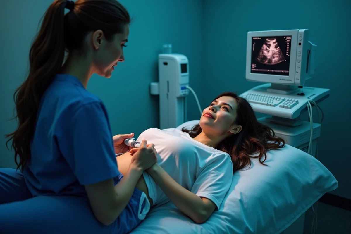 Échographie abdominale chez une femme pour le diagnostic de kystes ovariens fonctionnels par une échographiste