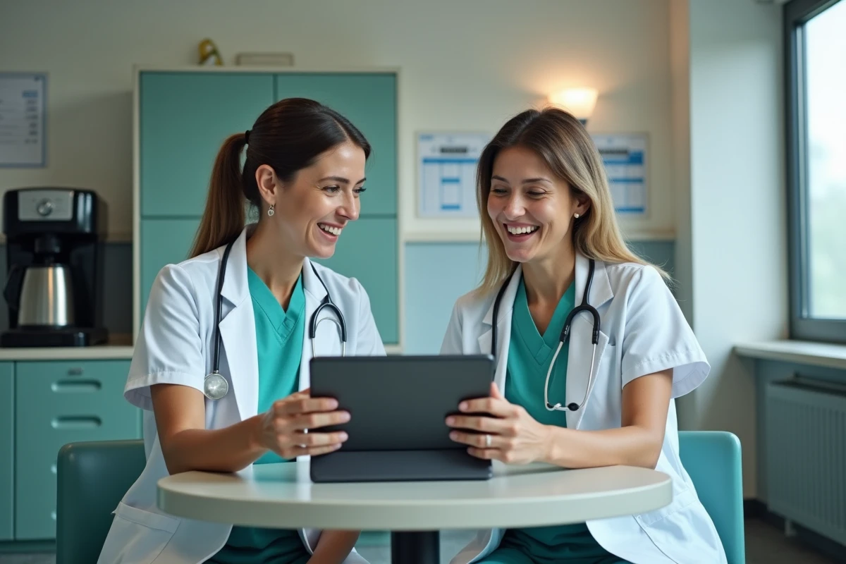 Deux soignantes en EHPAD consultant ensemble le logiciel de soins sur une tablette lors d'une réunion d'équipe