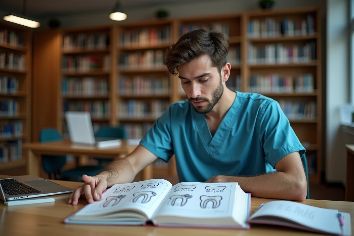 Étudiant en dentisterie étudiant le schéma dentaire et la notation FDI dans un manuel d'anatomie dentaire à la bibliothèque universitaire