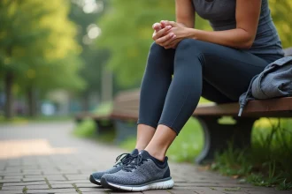 Femme active tenant sa cheville enflée après l'effort dans un parc urbain