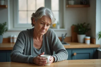 Femme d'âge mûr assise à une table de cuisine, l'air anxieux, avec des médicaments en arrière-plan évoquant l'impact émotionnel du zona
