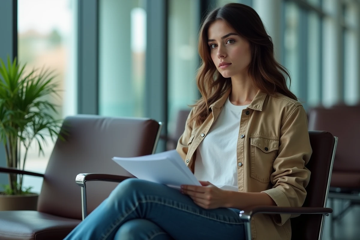 Jeune femme en salle d attente avec dossier de tests