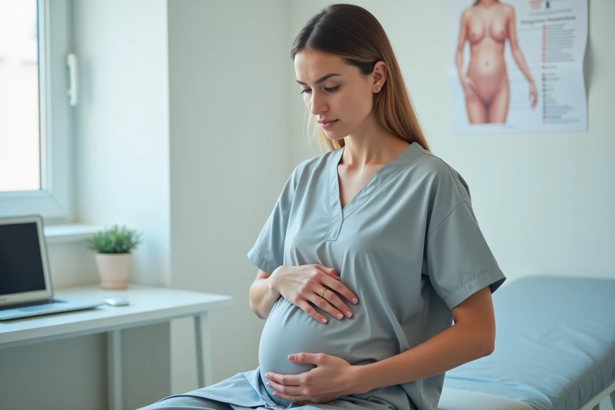 Femme assise sur une table d'examen gynécologique tenant son ventre, illustrant les symptômes des kystes ovariens fonctionnels
