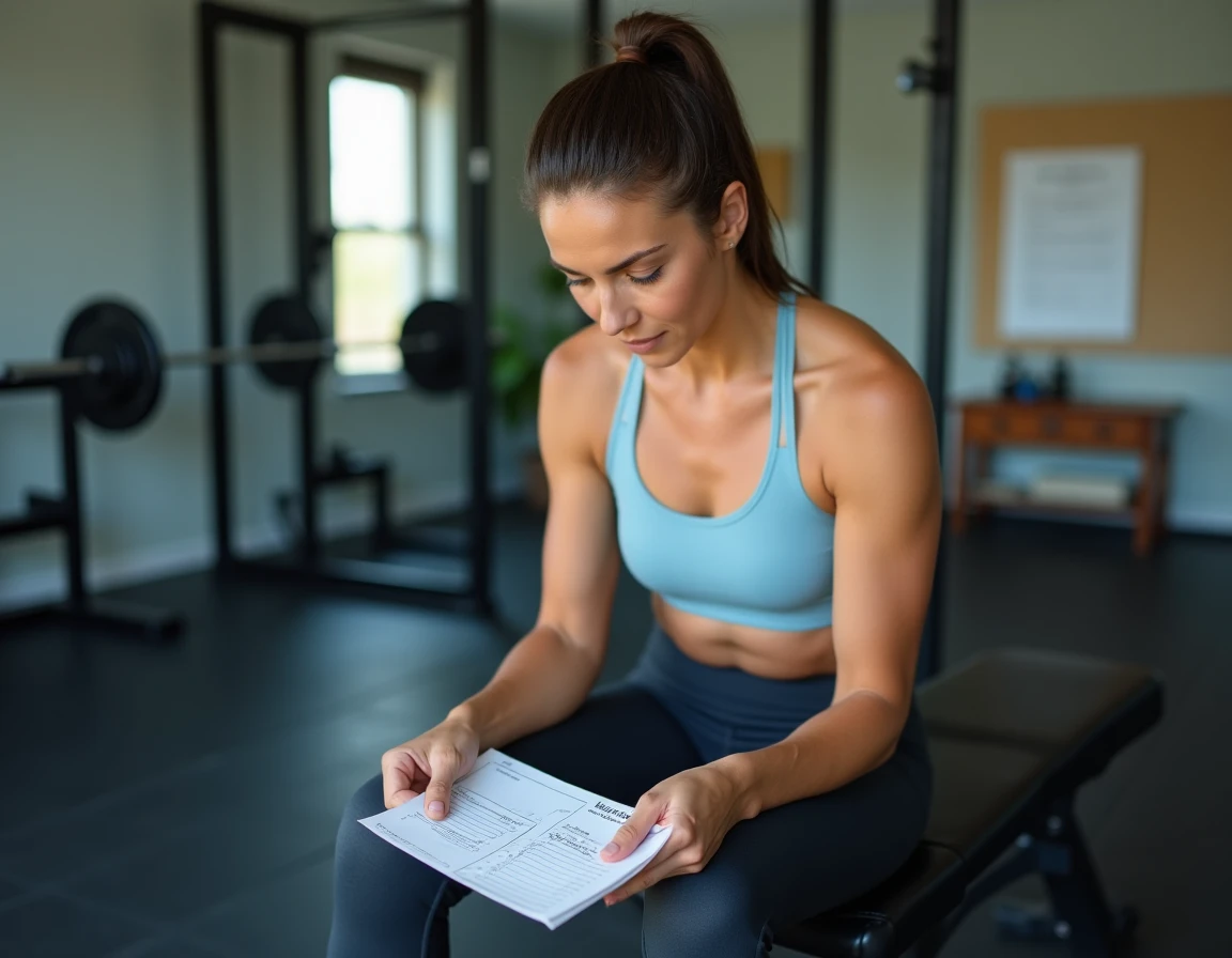 Femme débutante en musculation consultant un programme d'entraînement dans une salle de sport à domicile