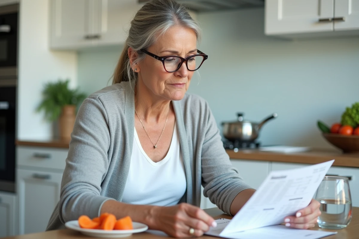 Femme d'âge mûr consultant un plan alimentaire diabétique avec des bâtonnets de carottes crues sur le comptoir de sa cuisine moderne