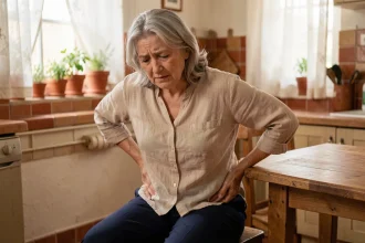 Femme de plus de 50 ans assise à une table de cuisine tenant son bas du dos avec une expression de gêne, illustrant les douleurs lombaires liées à la constipation après 50 ans