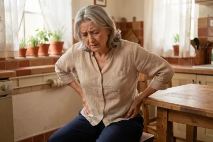 Femme de plus de 50 ans assise à une table de cuisine tenant son bas du dos avec une expression de gêne, illustrant les douleurs lombaires liées à la constipation après 50 ans
