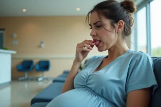 Femme enceinte en salle d'urgence tenant ses lèvres gonflées suite à un œdème de Quincke
