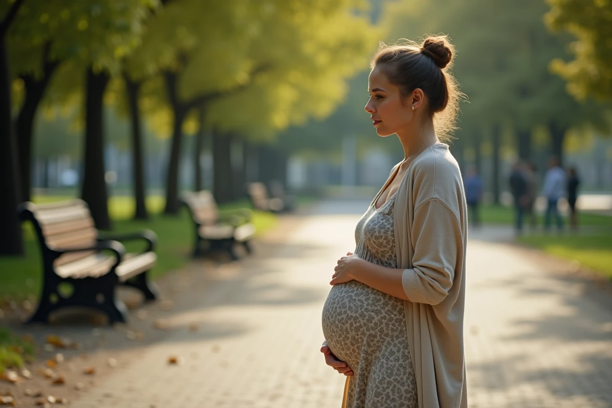 Femme enceinte marchant dans un parc en plein air