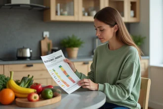 Femme étudiant un graphique sur l'index glycémique en cuisine