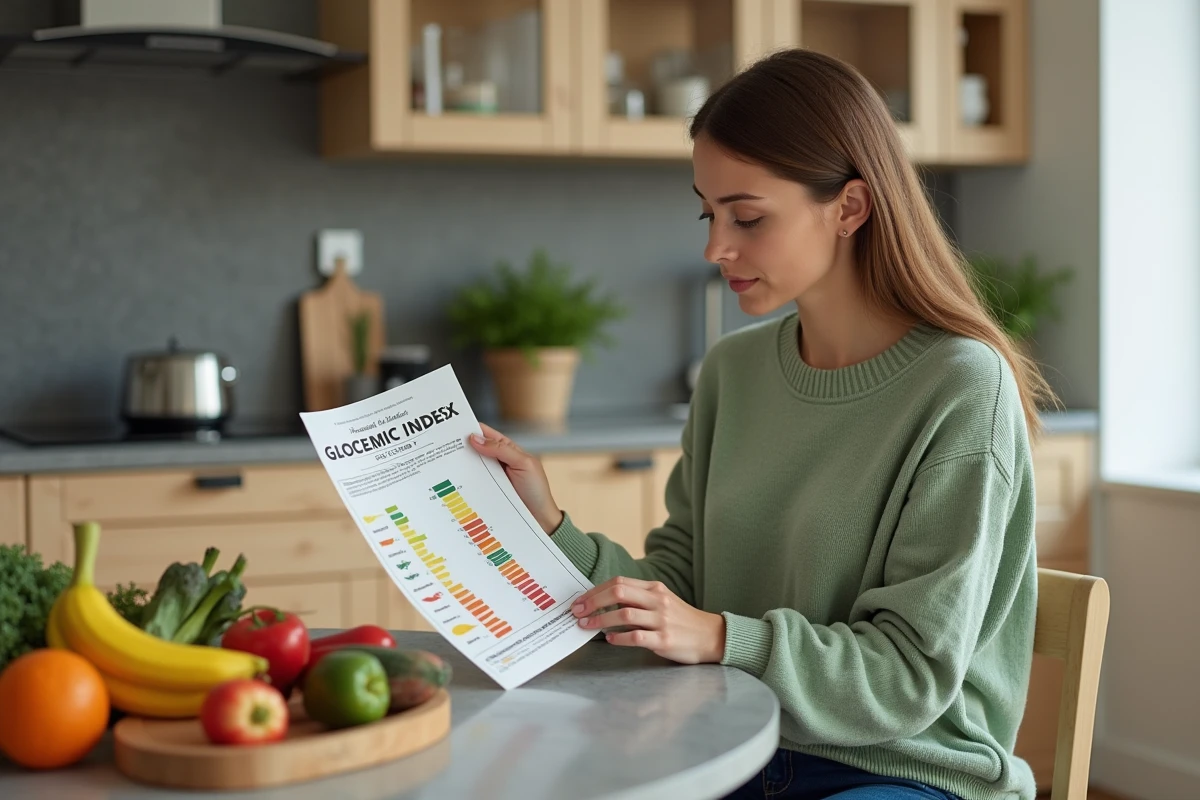 Femme étudiant un graphique sur l'index glycémique en cuisine