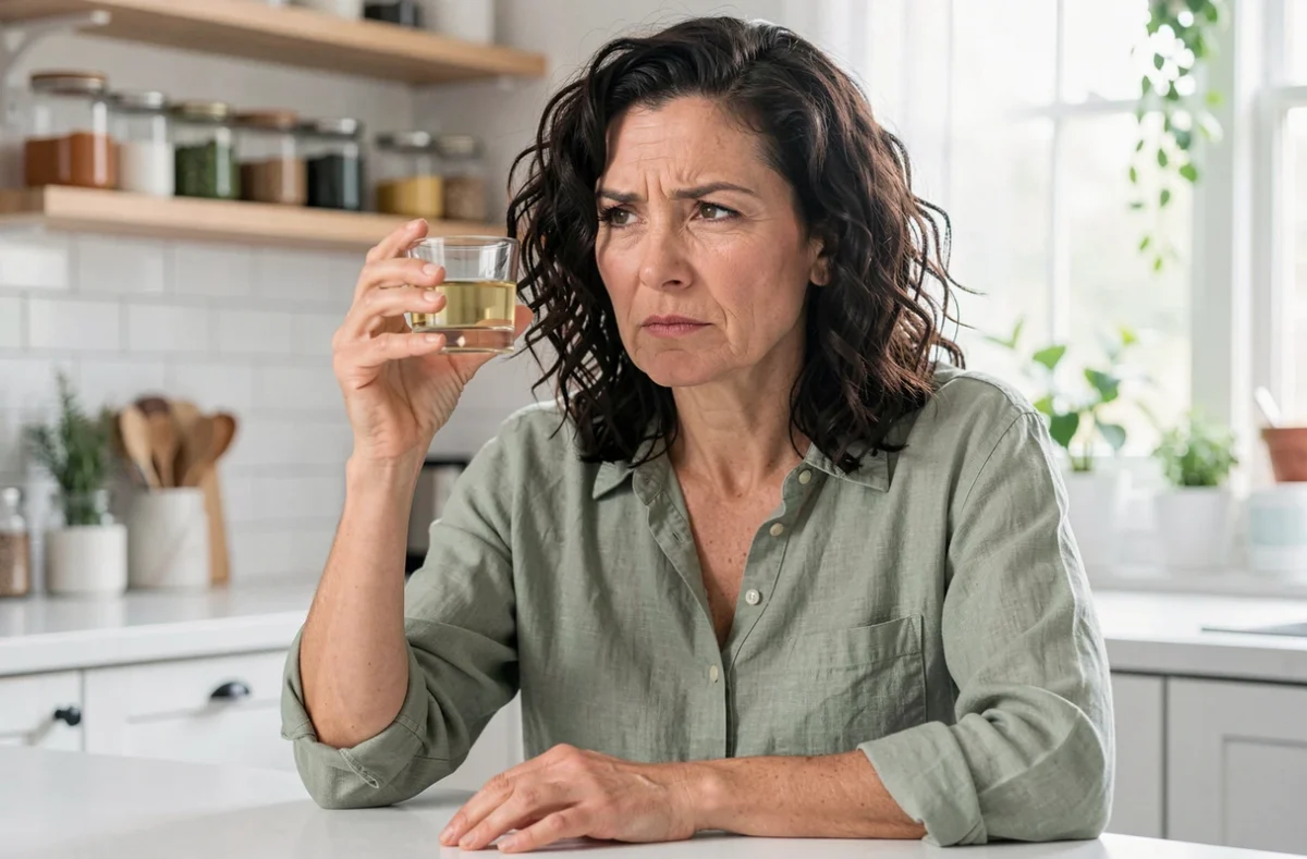 Femme d'une quarantaine d'années tenant un petit verre d'huile de ricin dans une cuisine lumineuse, regard pensif et interrogateur sur ce remède traditionnel