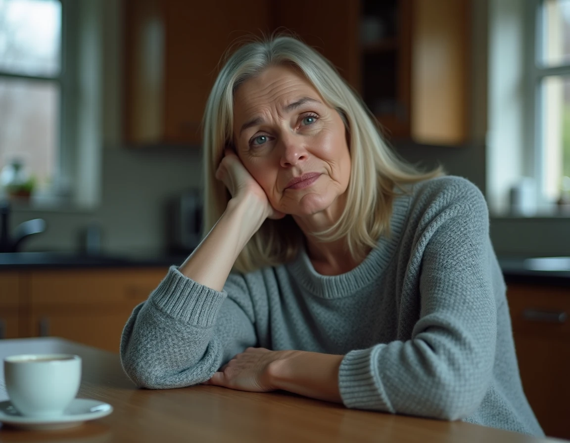 Femme fatiguée et pâle assise à une table de cuisine, illustrant des symptômes atypiques liés à une troponine élevée