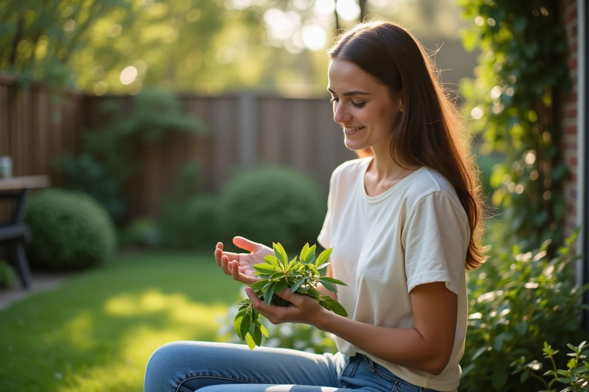Jeune femme tenant des feuilles dans un jardin en plein air