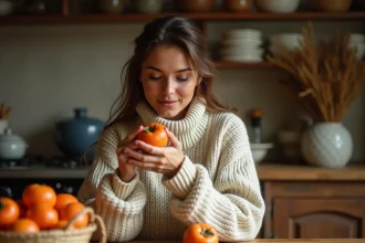Femme tenant un kaki mûr dans une cuisine rustique en automne, illustrant les bienfaits du kaki pour le système immunitaire