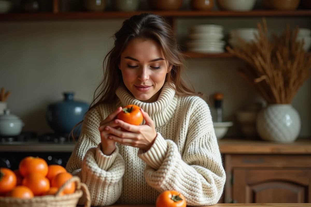 Femme tenant un kaki mûr dans une cuisine rustique en automne, illustrant les bienfaits du kaki pour le système immunitaire