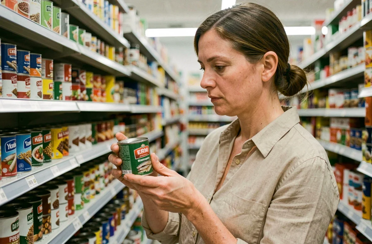 Femme lisant attentivement l'étiquette d'une boîte de sardines dans un rayon de supermarché