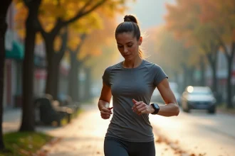 Femme marchant rapidement en ville et consultant son bracelet fitness pour suivre ses 10000 pas quotidiens