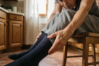 Femme massant sa jambe douloureuse portant des bas de contention dans une cuisine, douleur veine saphène après station debout prolongée