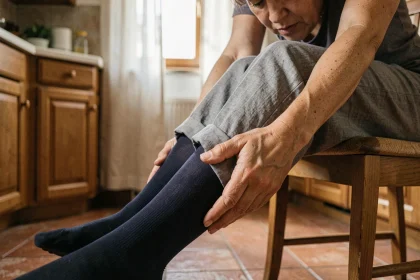Femme massant sa jambe douloureuse portant des bas de contention dans une cuisine, douleur veine saphène après station debout prolongée