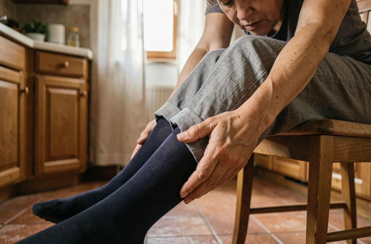 Femme massant sa jambe douloureuse portant des bas de contention dans une cuisine, douleur veine saphène après station debout prolongée