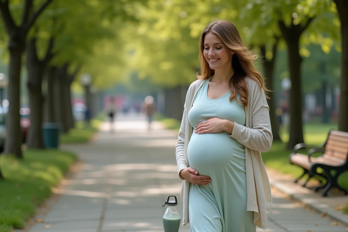 Femme enceinte marchant dans un parc urbain verdoyant