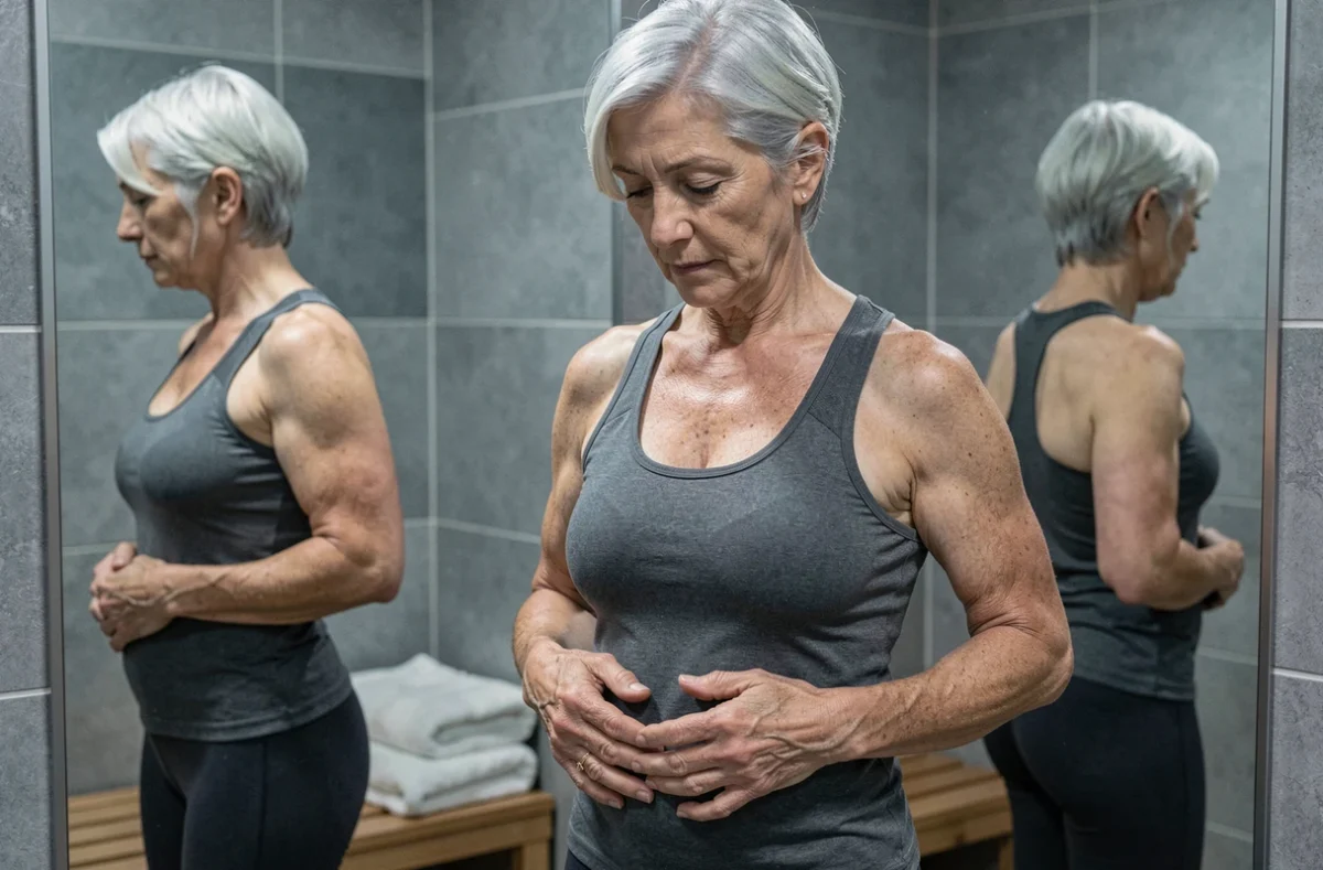 Femme de cinquante ans aux cheveux gris observant son ventre devant un miroir dans un vestiaire de spa, représentant la prise de conscience des changements corporels hormonaux après la ménopause