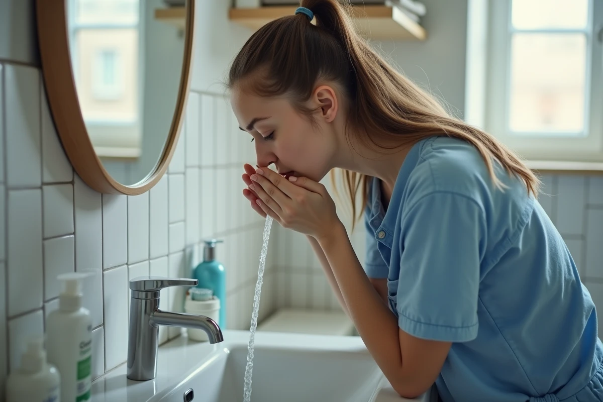 Jeune femme effectuant un rinage nasal à la maison