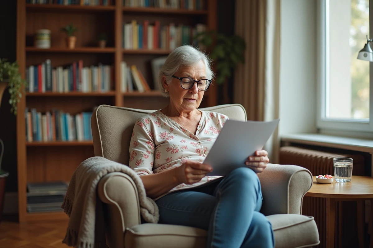 Femme senior lisant une brochure de santé dans son salon, illustrant les stratégies pour faire face à l'anxiété liée au zona