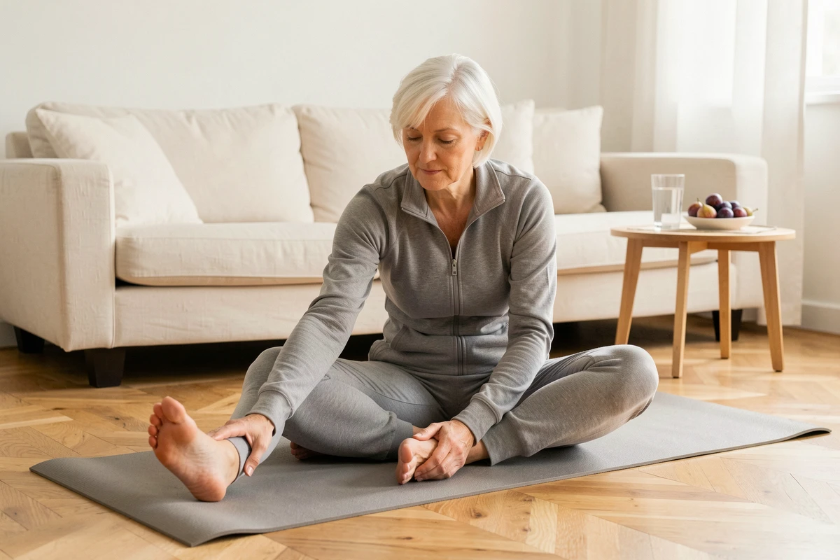 Femme senior en tenue de sport faisant un étirement doux sur un tapis de yoga dans un salon lumineux avec des pruneaux et un verre d'eau visibles, illustrant la prévention de la constipation et des douleurs lombaires après 50 ans