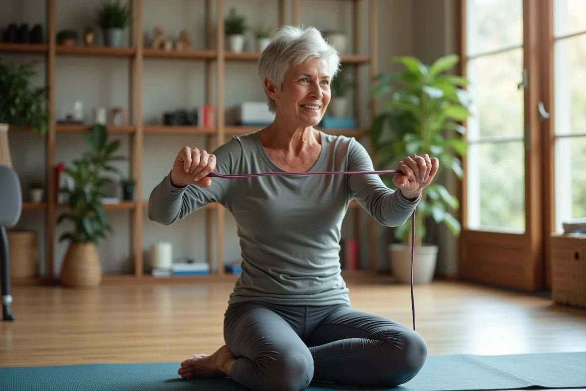 Femme de 70 ans utilisant une bande de résistance en intérieur