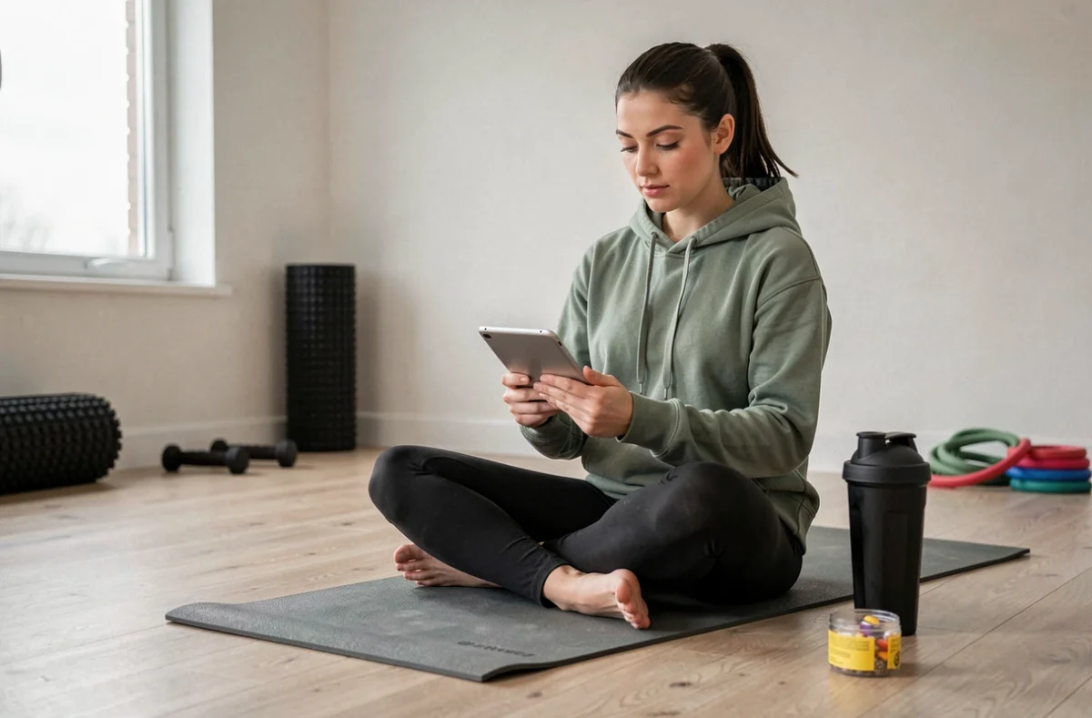 Jeune femme sportive consultant des informations sur les effets secondaires des protéines sur une tablette dans un espace fitness à domicile