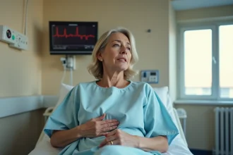 Femme d'âge moyen en tenue hospitalière tenant sa poitrine avec une expression de gêne cardiaque dans une unité de cardiologie