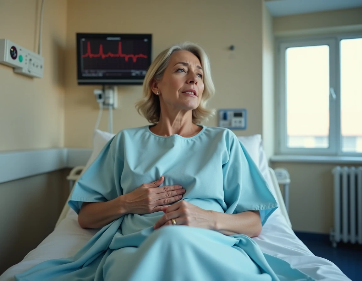 Femme d'âge moyen en tenue hospitalière tenant sa poitrine avec une expression de gêne cardiaque dans une unité de cardiologie