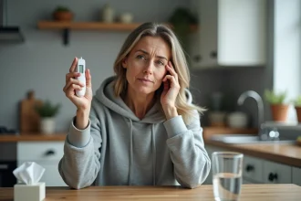 Femme mesurant sa température avec un thermomètre numérique à la maison, évoquant les symptômes du Covid et la période d'incubation