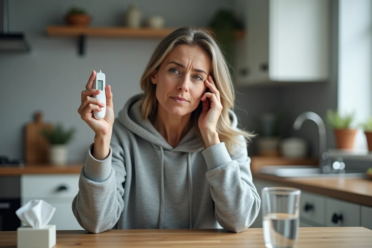 Femme mesurant sa température avec un thermomètre numérique à la maison, évoquant les symptômes du Covid et la période d'incubation