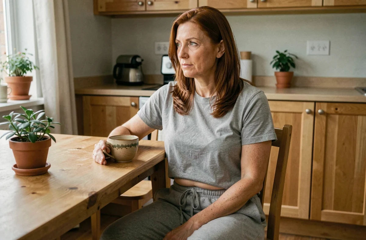 Femme aux cheveux auburn assise dans sa cuisine avec une tisane, illustrant les habitudes quotidiennes liées aux déséquilibres hormonaux et à la prise de ventre chez la femme