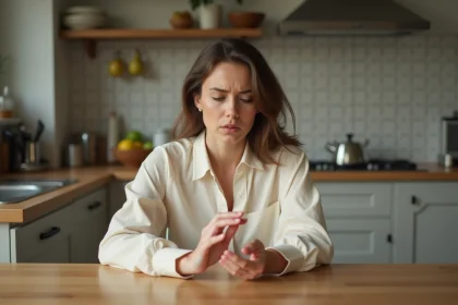 Femme vérifiant ses ongles dans une cuisine chaleureuse