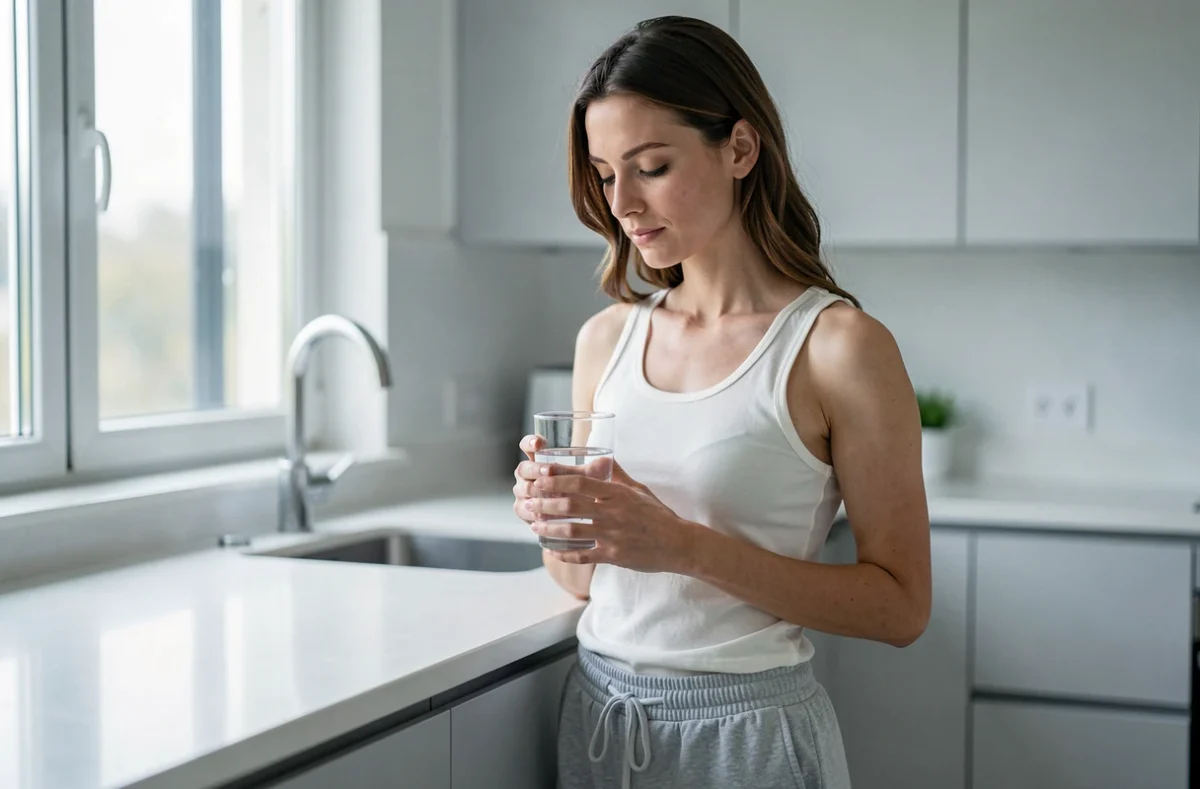 Femme tenant un verre d'eau dans une cuisine minimaliste, symbolisant la survie à l'eau uniquement