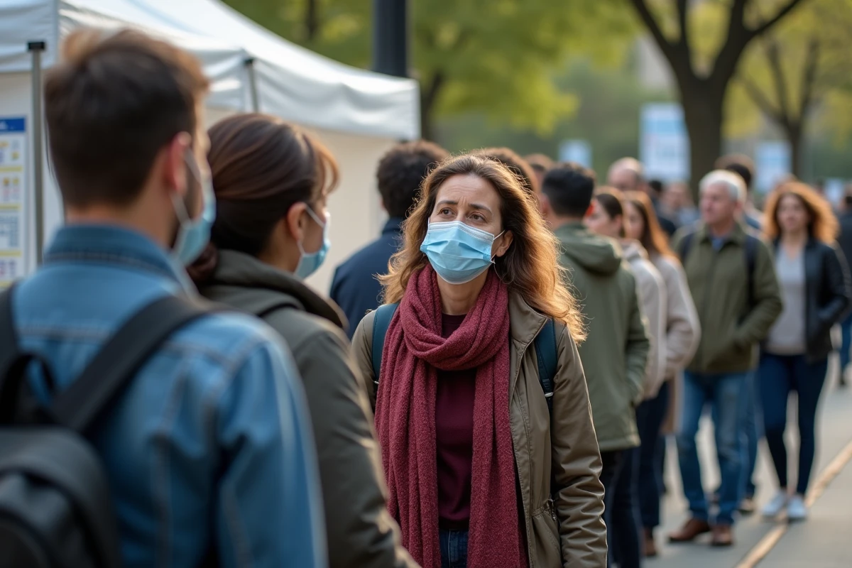 Groupe de personnes en attente pour un dépistage santé en extérieur