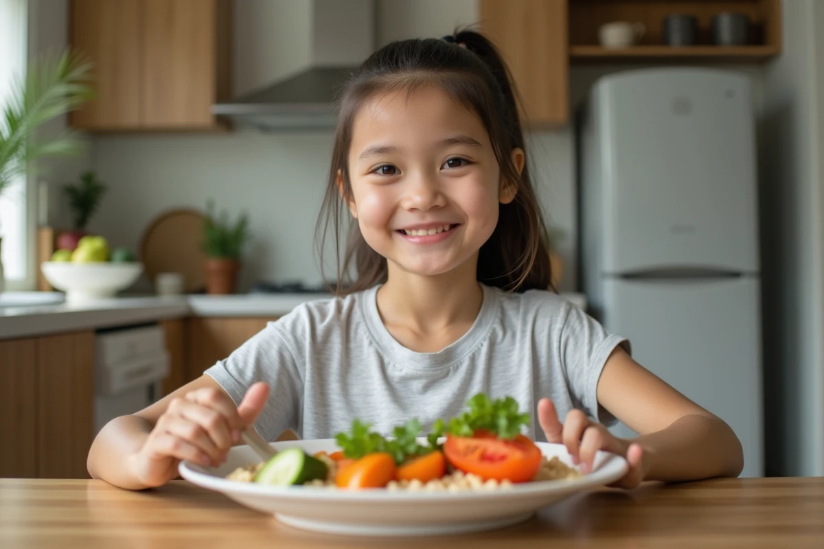 Fille mangeant un repas sain à la table de la cuisine