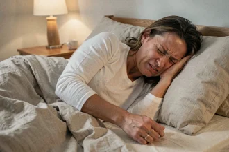 Femme se réveillant la nuit avec des fourmis dans le bras gauche, symptôme possible d'une compression cervicale