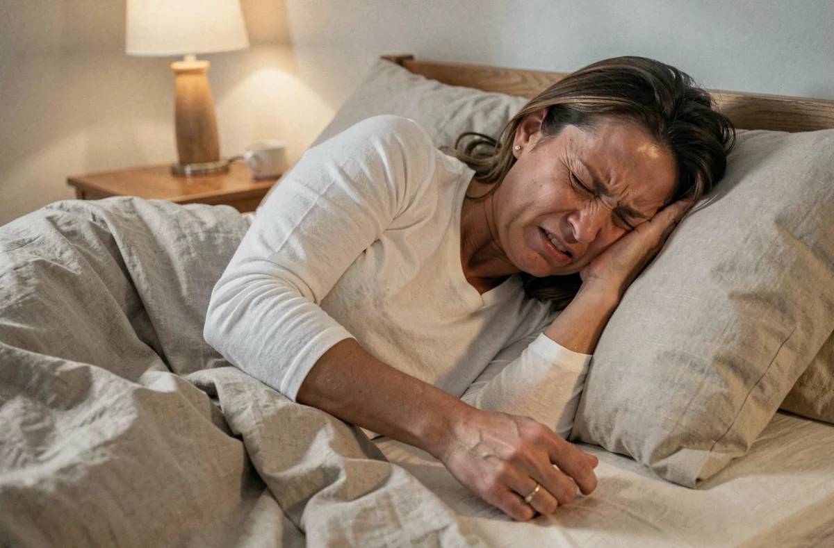 Femme se réveillant la nuit avec des fourmis dans le bras gauche, symptôme possible d'une compression cervicale